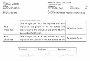 LG Chem battery specification from 2005 shows physical damage test, unlike tests from 2006